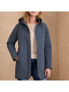 Garnet Hill Essential Quilted Long Line Car Coat Removable Hood Blue Grey size 4